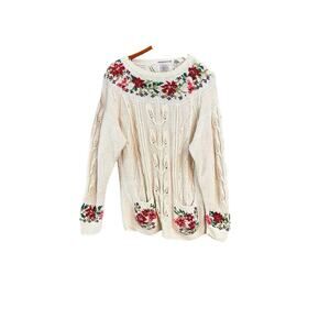 Capeisle Knitters Embroidered by Hand Floral Long Crochet Knit Sz M Grandmacore